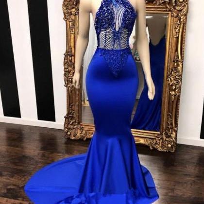 High Neck Halter Beaded Royal Blue Satin Prom Dress. Sleeveless ...