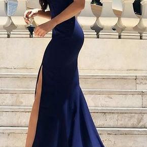 Gorgeous Navy Blue Mermaid Long Prom Dress with Slit,Off Shoulder Prom Dress ,Elegant sheath evening dresses