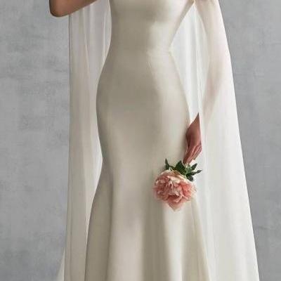 Simple Off-the-Shoulder Lace Satin Mermaid Wedding Dress with Watteau Train