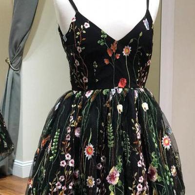 Cute Straps Black Embroidery Floral Short Homecoming Dress