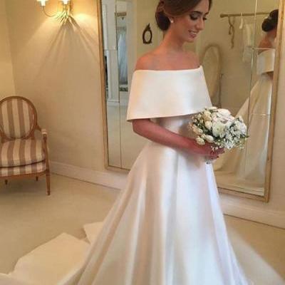 Off-the-Shoulder Satin A-line Wedding Dress with Long Train