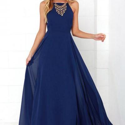 Simple Blue Spaghetti Prom Dress,Sleeveless Backless Evening Dress