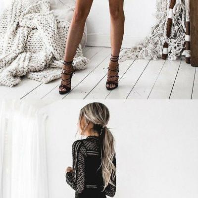 Sheath High Neck Long Sleeves Short Black Hollow Lace Homecoming Dress