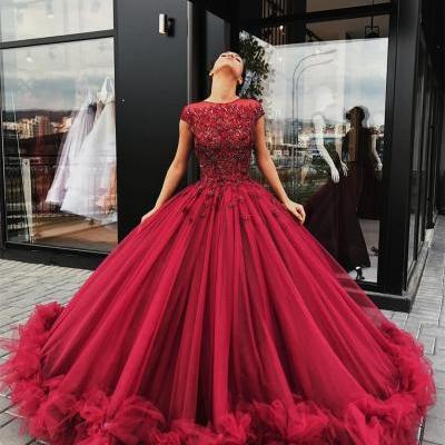 Red Tulle Appliques Ball Gown Prom Dress, Sweet 16 Dresses,Quinceanera Dresses 