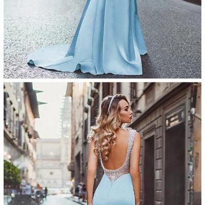 Chic mermaid prom dresses light sky blue straps modest long prom dress evening dresses