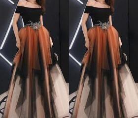 A Line Off The Shoulder Tulle Long Prom Dresses With Beading LBQ2288 main image 1
