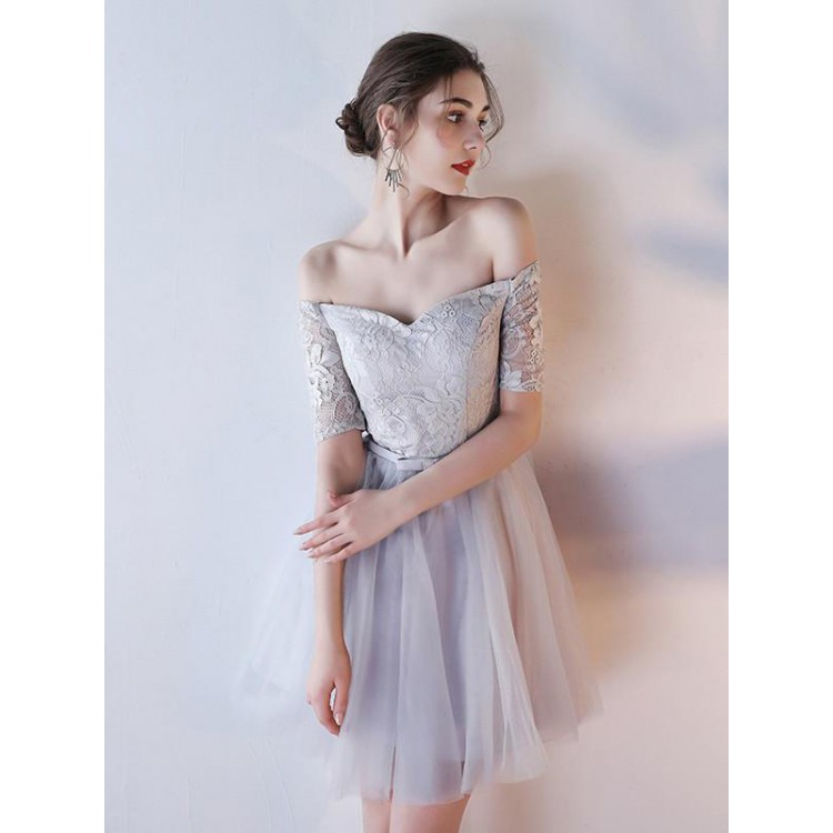 A Line Party Dresses Silver Homecoming Short Prom A Line Party Dresses Silver Homecoming Short Prom With Belt Sash Ribbon Sleeves Off The Shoulder