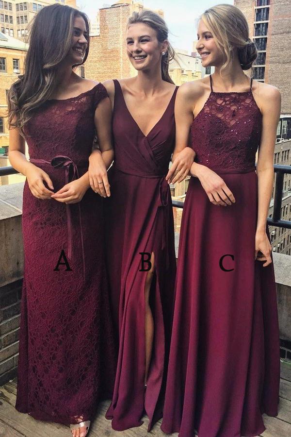 Multi Styles A Line Floor Length Maroon Bridesmaid Prom Evening Multi Styles A Line Floor Length Maroon Bridesmaid Prom Evening Dress With Lace