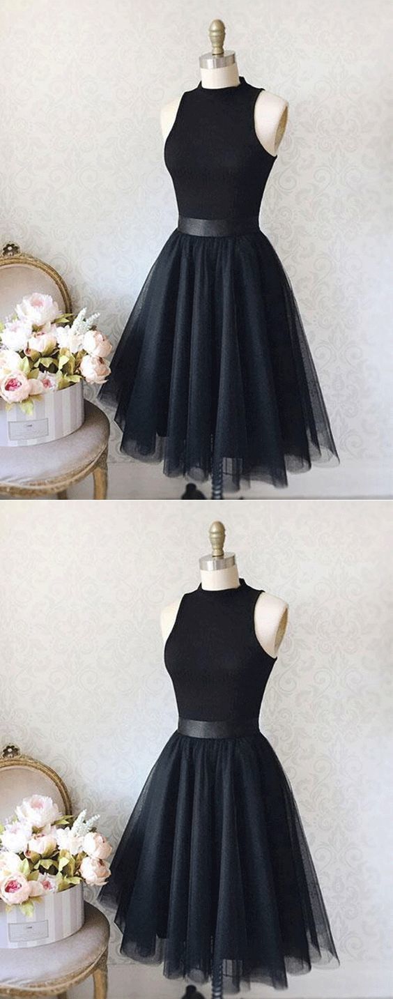 Vintage A-line High Neck Sleeveless Knee-length Black Homecoming Dress ...