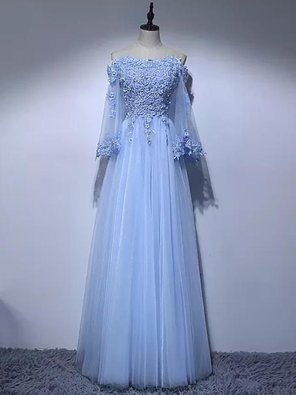 A-line Off-the-shoulder Floor-length Long Sleeve Tulle Prom Dress ...