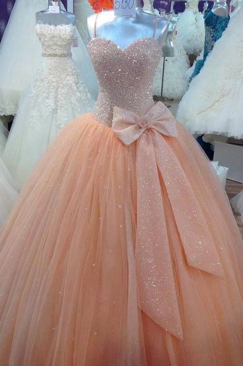 Peach Tulle Ball Gown Quinceanera Dresses Spaghetti Corset Cheap Sweet 16  Dress With Bow Custom Made on Luulla