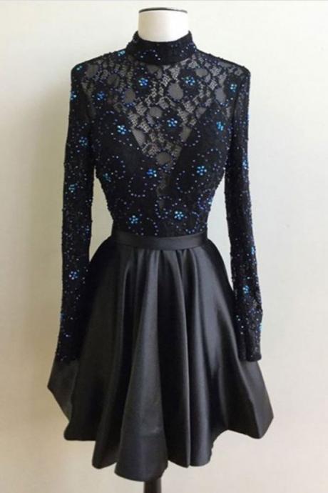 Generous High Neck Long Sleeves Open Back Short Black Homecoming Dress with Beading Lace