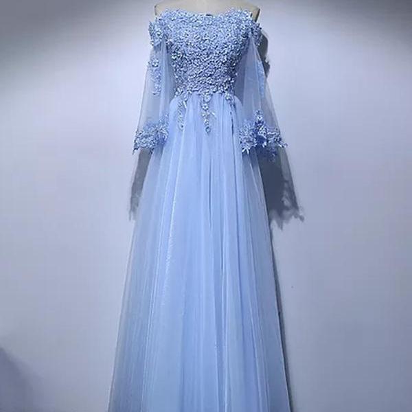 A-line Off-the-shoulder Floor-length Long Sleeve Tulle Prom Dress ...