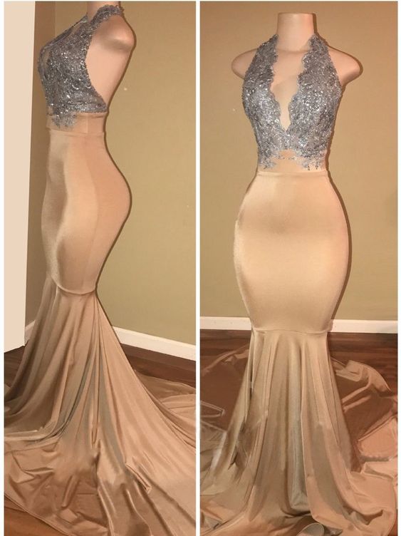 Elegant Long Mermaid V-neck Sleeveless Prom Dress With Applique