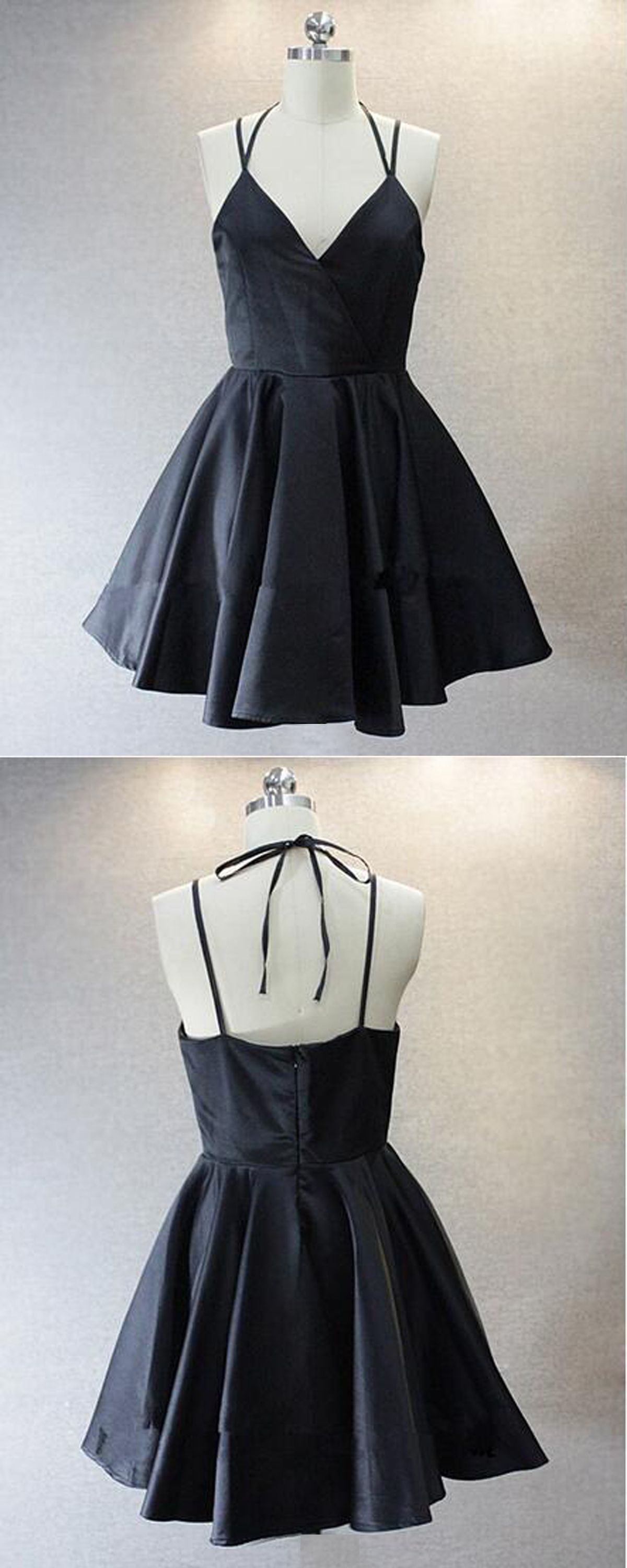 Simple V-neck Sleeveless Short Black Taffeta Homecoming Dress With ...