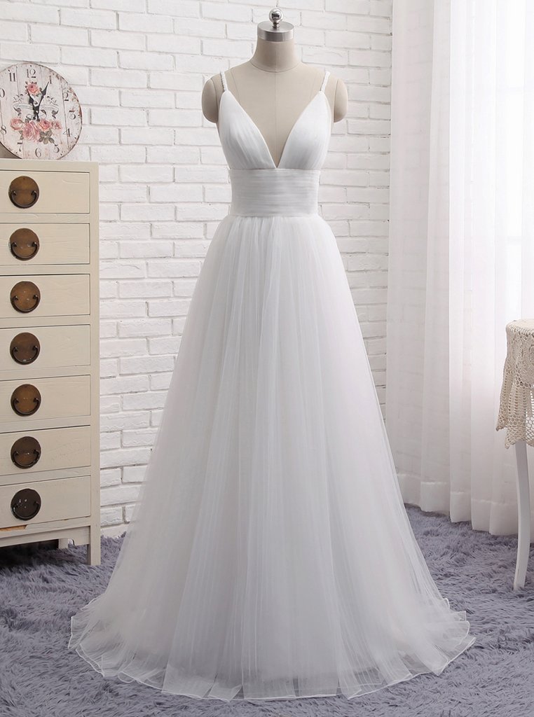 A Line Prom Dresses White Spaghetti Straps Simple Long Prom Dress